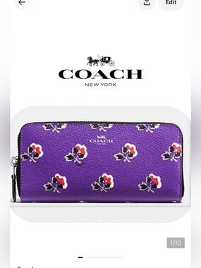 Coach Bramble Rose Flower Slim Accordion Zip Around Purple Floral Wallet purple